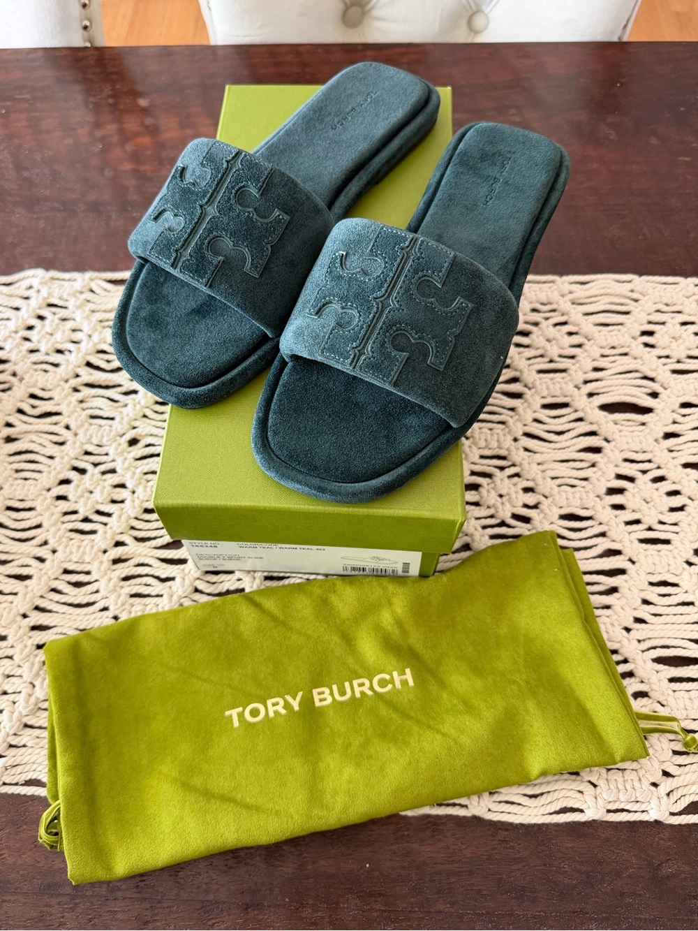 Tory Burch Double T Sport Slides - Warm Teal Suede - Size 8 - New In Box